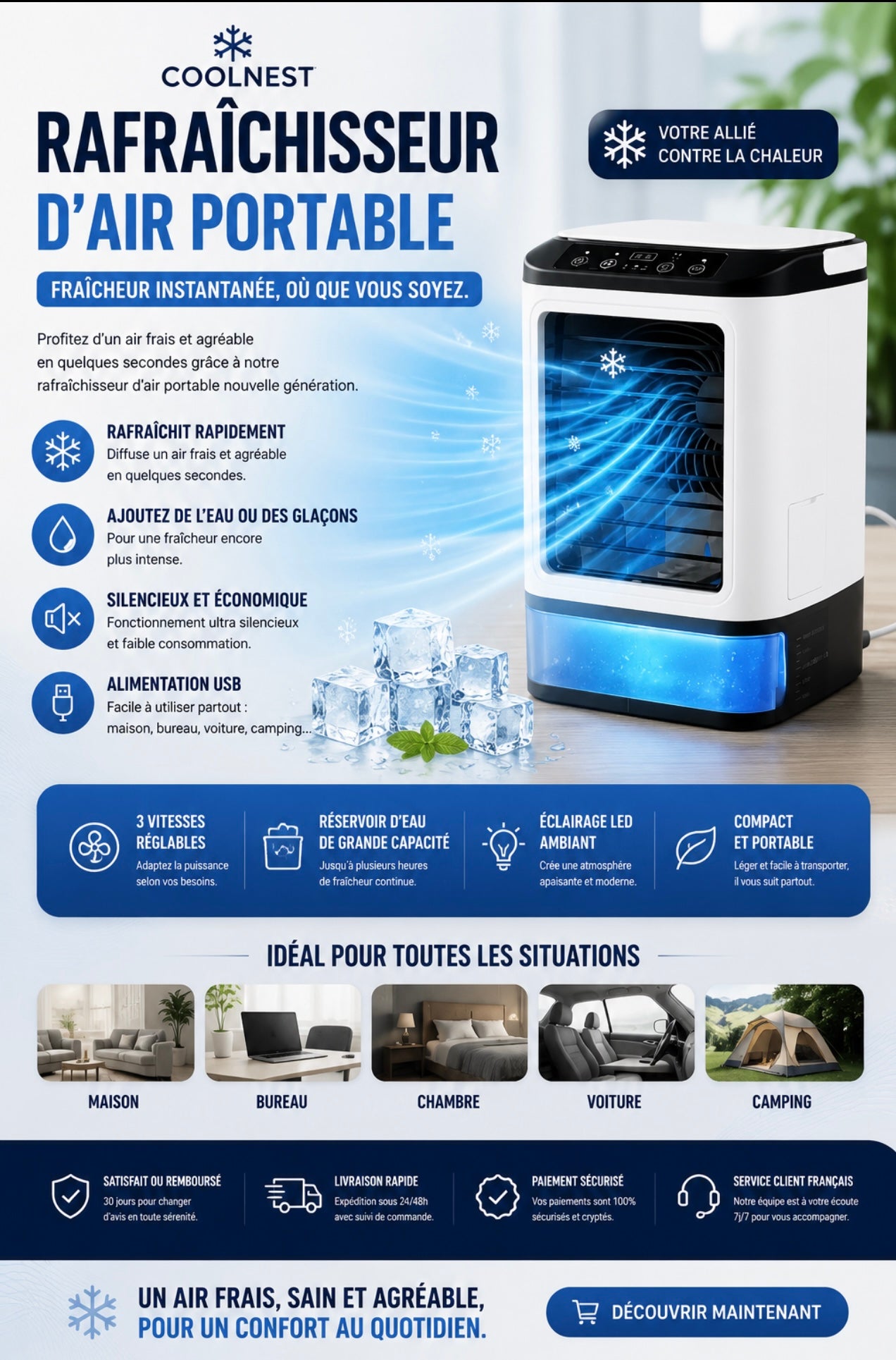 Rafraîchisseur d’air portable ,silencieux & économique .